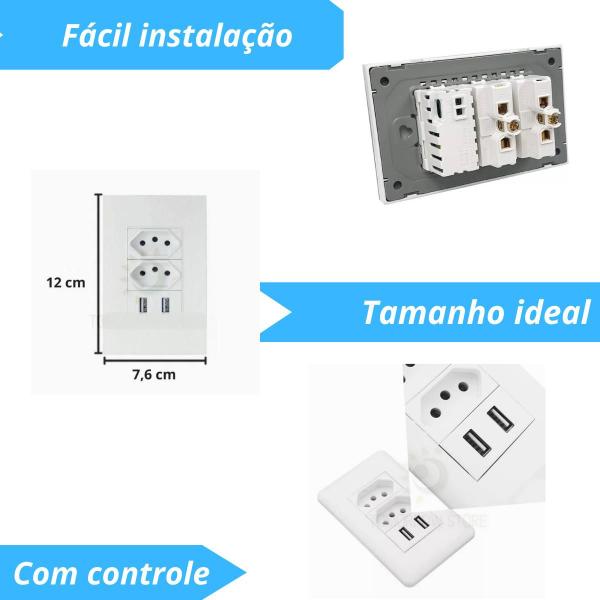 Imagem de Tomada Dupla Espelho Com Duas Portas 2 Usb 10a 5v Parede Cor Branco