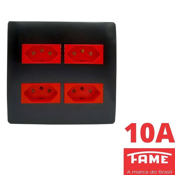 Imagem de Tomada Padrão Quadrupla 2P+T 10A 4X4 Vermelha Com Placa Habitat Black FAME