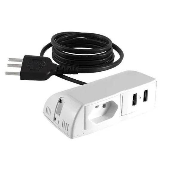 Imagem de Tomada Sonic Branco 1 Tomada 10a +2 Usb Fixo Cabo 1,7m Qtmov