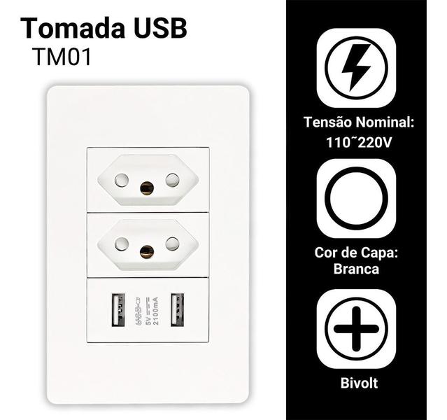 Imagem de Tomada USB com Indicadores 2 Entradas USB LED 10A - VALECOM