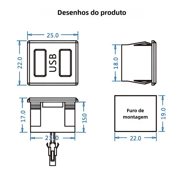 Imagem de Tomada USB Tipo C Dupla com Lâmpada - Conector de Carregamento