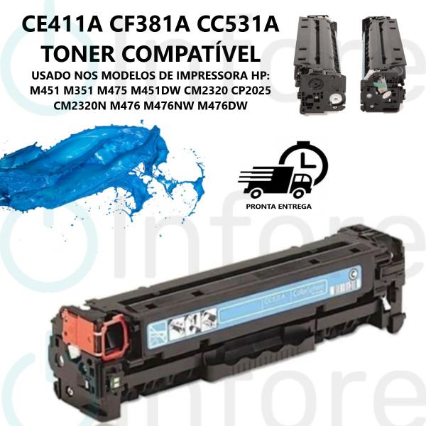 Imagem de Toner Ce411a Cc531a Cf381a Ciano Compatível Cp2025 Cp2020 Cm2320 M451 M475 M375 M476