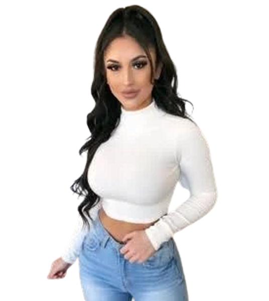 Imagem de Top de Academia Térmico Cropped Feminino Moda Fitness Outono Inverno Manga Longa Gola Alta - Branco