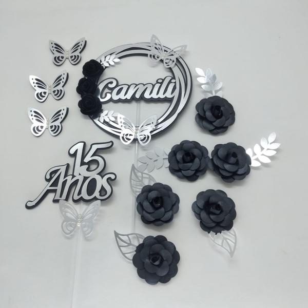 Imagem de Topo de Bolo 15 anos Flores Prata e Preto personalizado