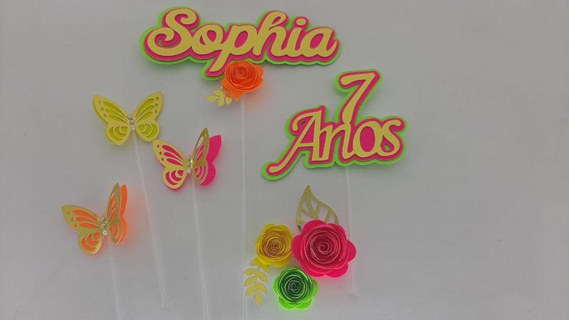 Imagem de Topo de Bolo Borboletas Flores Neon Coloridas personalizado