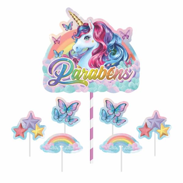 Topo de bolo Decoração Unicórnio kit 7 pçs Festa Aniversário - Piffer Imagem de Topo de bolo Decoração Unicórnio kit 7 pçs Festa Aniversário