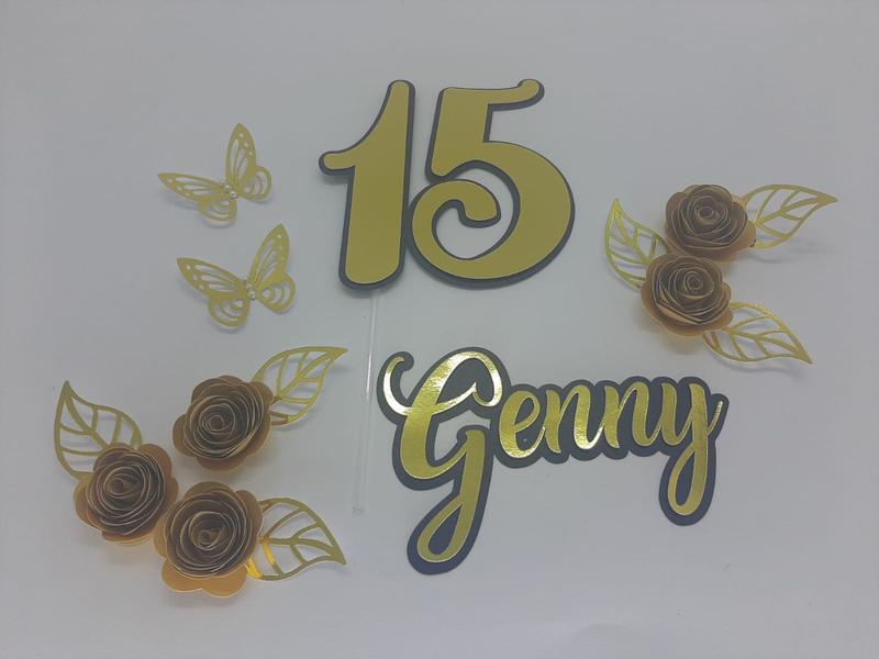 Imagem de Topo de Bolo Dourado 15 anos Flores personalizado