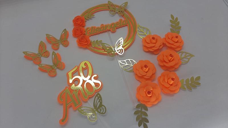 Imagem de Topo de Bolo Flores Laranja Neon com Dourado Personalizado