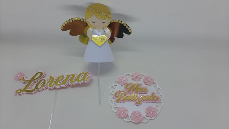 Imagem de Topo de Bolo Meu Batizado Anjinha 3d  Rosa com Dourado personalizado