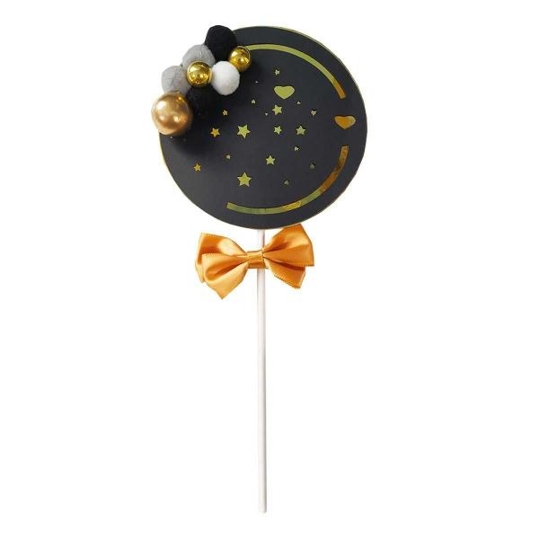 Imagem de Topo Decorativo Para Bolo Preto E Dourado Com Pompom