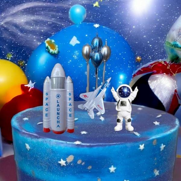 Imagem de Topper De Bolo e Velas Astronautas Foguete 3d Topo Festa Aniversário