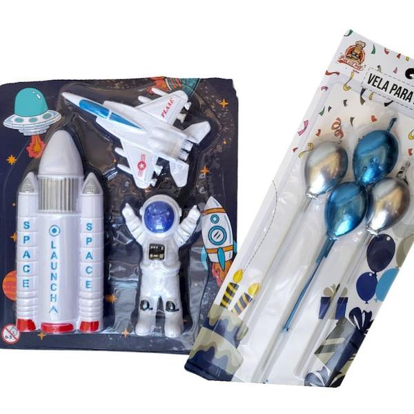 Imagem de Topper De Bolo e Velas Astronautas Foguete 3d Topo Festa Aniversário