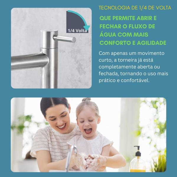 Imagem de Torneira Bancada Cromado Fosco para Banheiro Lavabo Lavatorio Água Fria 1/4 Volta Médio em Aço Inox 304