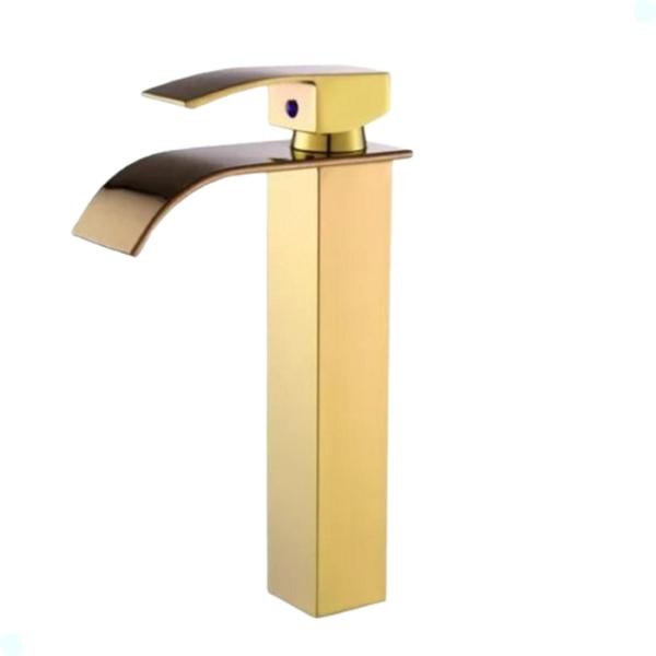 Imagem de Torneira banheiro lavabo cascata misturador  monocomando bica alta dourado gold