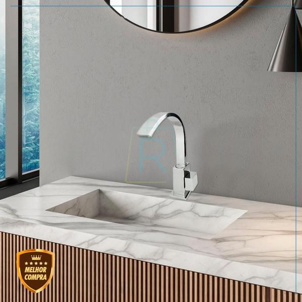 Imagem de Torneira Banheiro Lavatório Luxo Quadrit Slim 100% Metal Bica Curva Cascata 360º Base Robusta Bancada Pia Mesa Cromada C