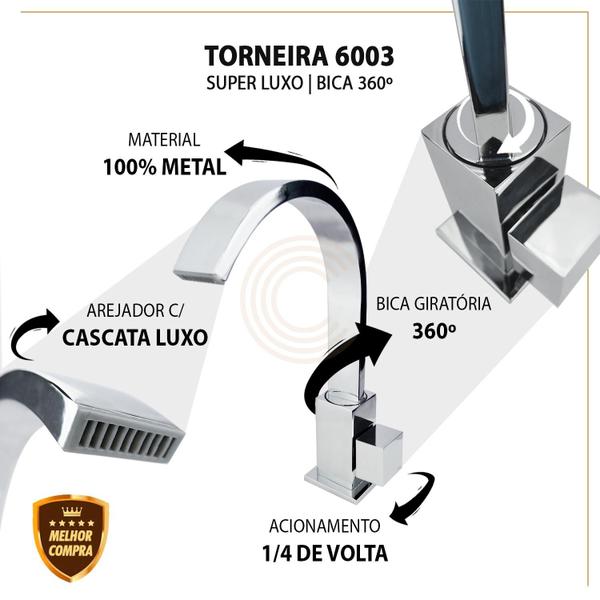 Imagem de Torneira Banheiro Lavatório Luxo Quadrit Slim 100% Metal Bica Curva Cascata 360º Base Robusta Bancada Pia Mesa Cromada Cód. 6003