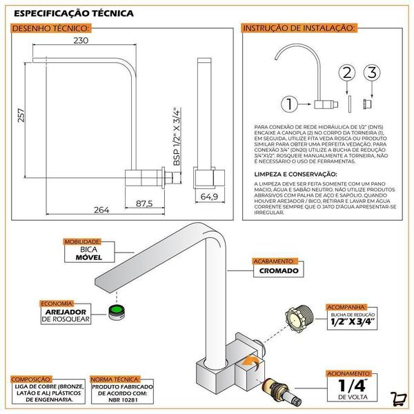 Imagem de Torneira Banheiro Lavatório Reta Quadrada Parede Cromado 1/4