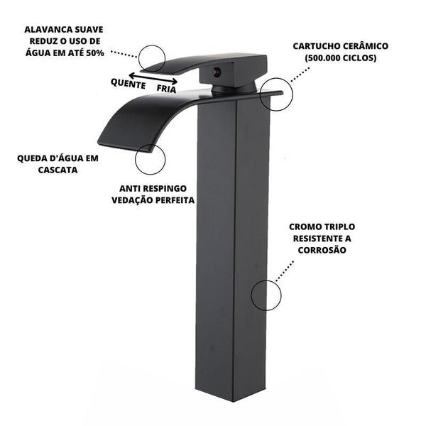 Imagem de Torneira Banheiro Preta Cascata Lavabo Monocomando Bica Alta