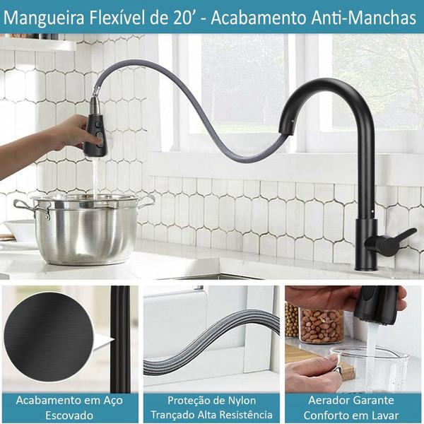 Imagem de Torneira Black Monocomando Extensível Pull Down de Cozinha Pia Bancada Com 2 Modos Chuveiro e Jato Bico Giratório