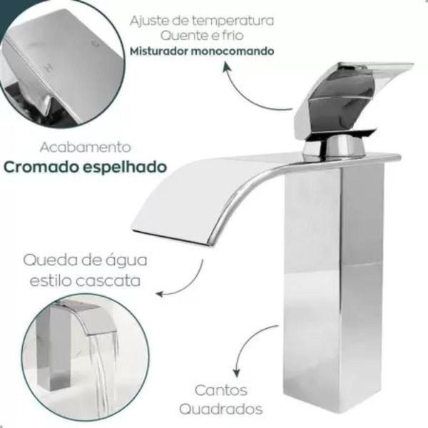 Imagem de Torneira cascata baixa monocomando banheiro lavatorio  - modelo quadrado em banho triplo de cromo