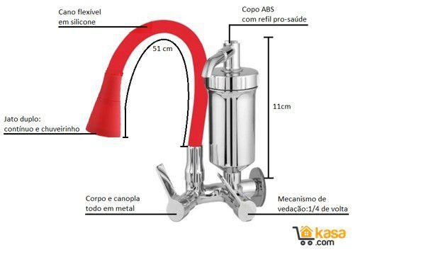 Imagem de Torneira com Filtro de Cozinha Parede  flexível  vermelha jato duplo vermelho Luxo 1/4 volta