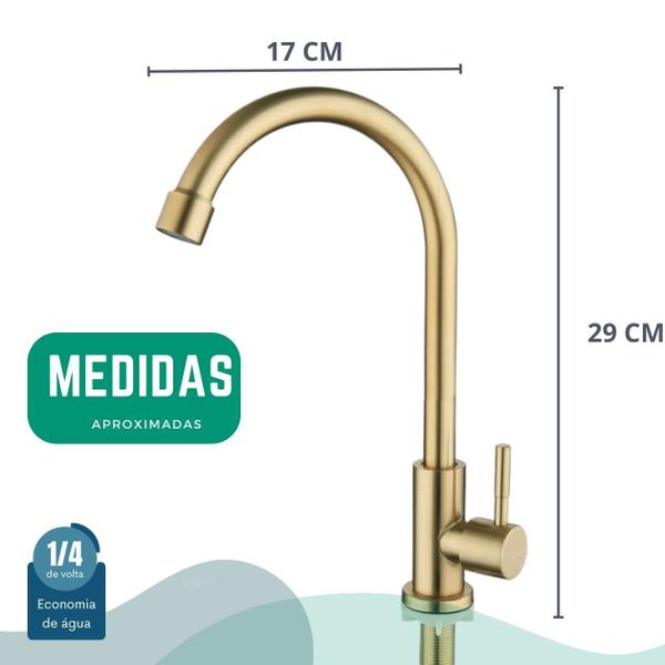 Imagem de Torneira Cozinha Banheiro Lavabo Instalação Bancada Pia Rústica Moderna Aço Inox Ouro Fosco