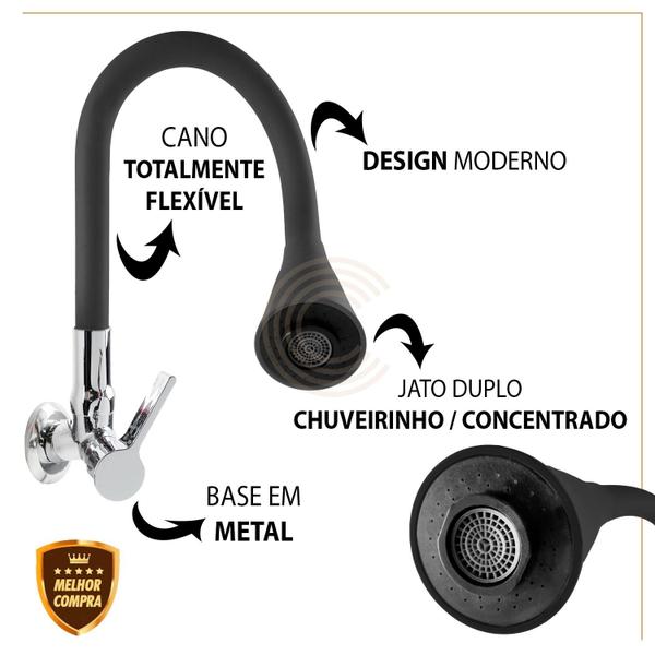 Imagem de Torneira Cozinha Flexível Parede Luxo Preto Jato Duplo Cone C-70 Cód. 5500