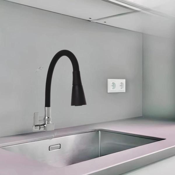 Torneira Cozinha Flexível Quadrada Parede Cone Preto 2 Jatos - SOFT INOX Imagem de Torneira Cozinha Flexível Quadrada Parede Cone Preto 2 Jatos