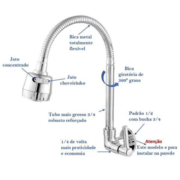 Imagem de Torneira Cozinha Gourmet Flexível Luxo Parede 1/4 De Volta Metal