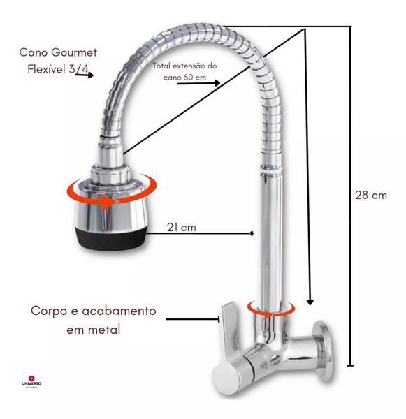 Imagem de Torneira cozinha Gourmet Flexível  Mesa Bancada 1/4 volta Cromo