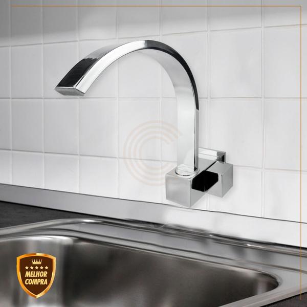 Imagem de Torneira Cozinha Luxo Quadrit Slim 100% Metal Bica Curva Cascata 360º Base Robusta Parede Cromada Cód. 6007