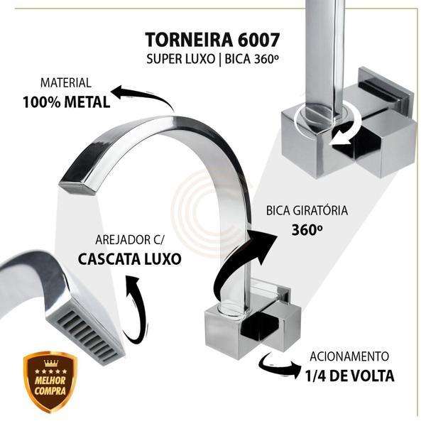 Imagem de Torneira Cozinha Luxo Quadrit Slim 100% Metal Bica Curva Cascata 360º Base Robusta Parede Cromada Cód. 6007