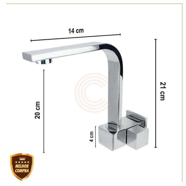 Imagem de Torneira Cozinha Luxo Quadrit Slim 100% Metal Bica Reta Arejador 360º Base Robusta Parede Cromada Cód. 6005