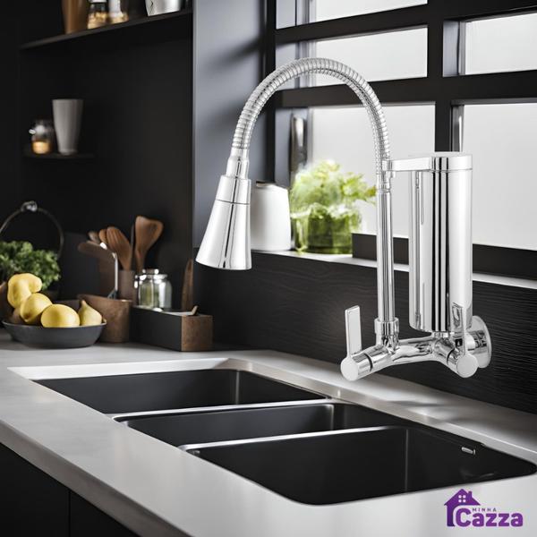 Torneira Cozinha Parede Com Filtro Slim Flexível Gourmet Cromada Dupla Função Metal Abs cod 5034-7 - MINHA CAZZA Imagem de Torneira Cozinha Parede Com Filtro Slim Flexível Gourmet Cromada Dupla Função Metal Abs cod 5034-7