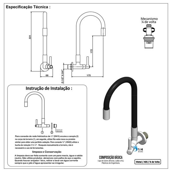 Imagem de Torneira Cozinha Parede Gourmet Flexível Preto Fosco 1/4V