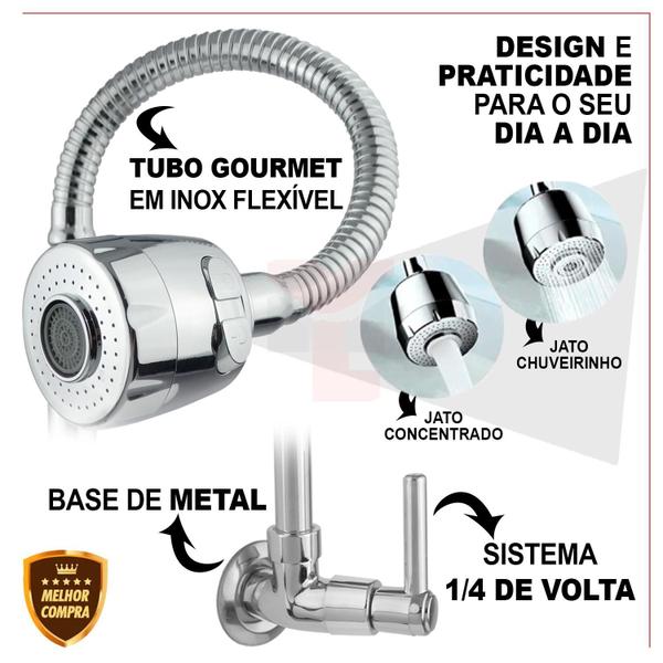 Imagem de Torneira Cozinha Super Luxo Gourmet Parede Flexível 1/4 de Volta Cromo C-66 2065