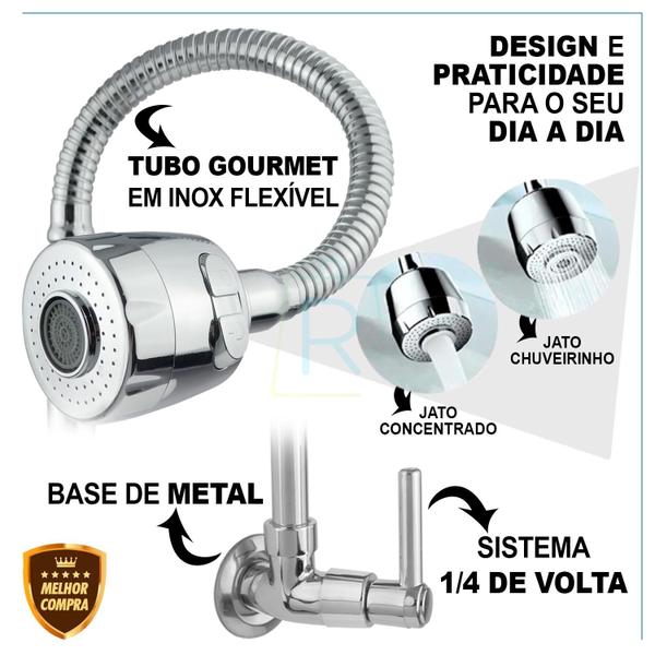 Imagem de Torneira Cozinha Super Luxo Gourmet Parede Flexível 1/4 de Volta Cromo C-66 2065