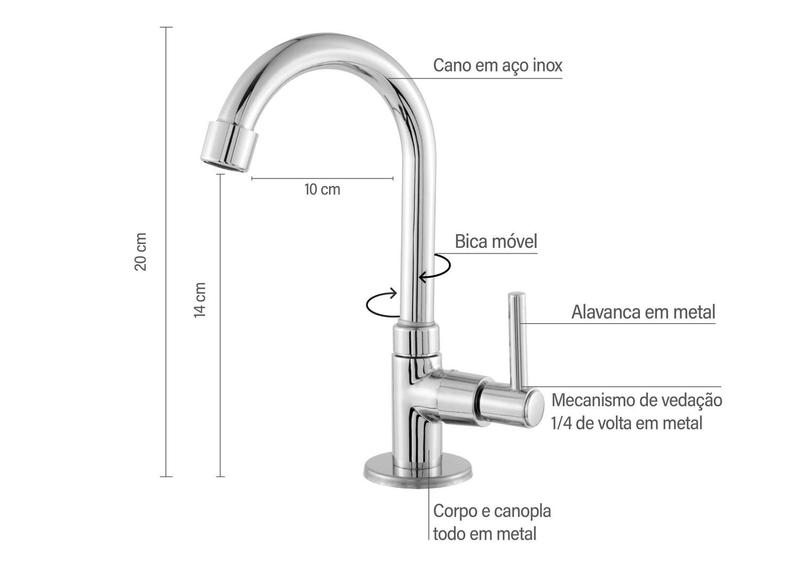 Imagem de Torneira de Banheiro Lavatório bancada Metal  & Inox 1198 + Ducha Higiênica completa com chuveirinho branco para banheir