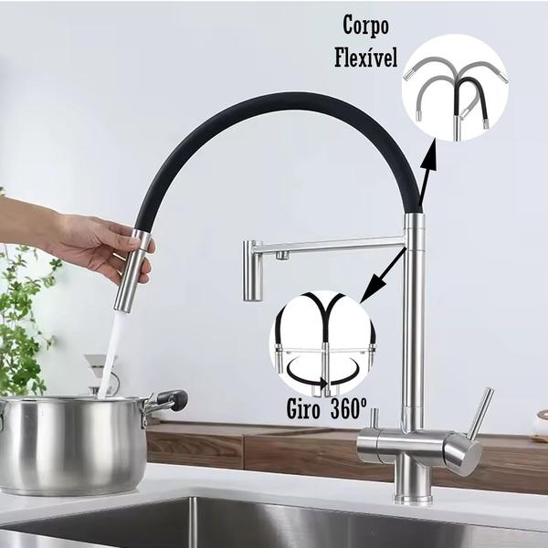 Imagem de Torneira de Cozinha Gourmet Bico Aerador Flexível Monocomando Misturador Suporte de Filtro