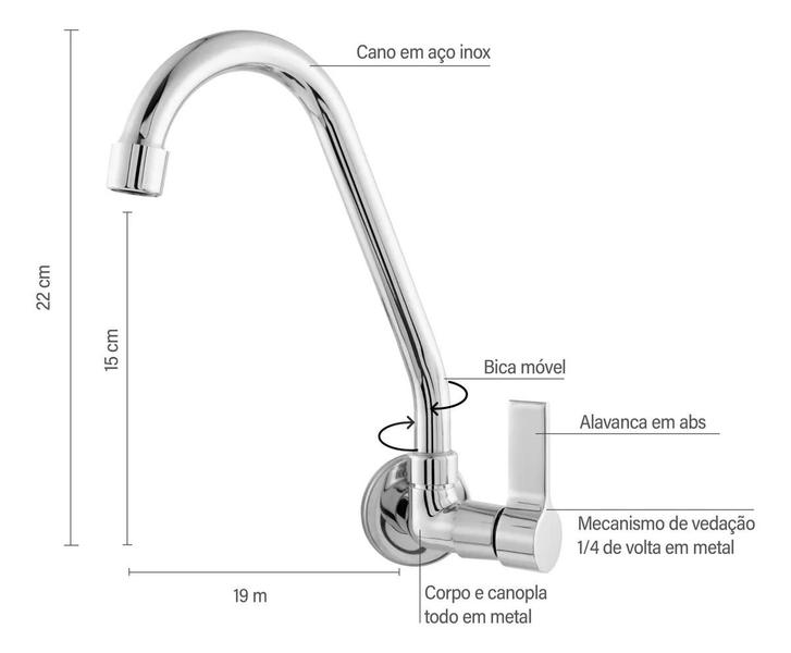 Imagem de Torneira De Cozinha Parede Bica Movel Metal  1167