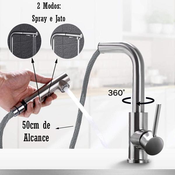 Torneira de Cozinha Pia Bancada Restaurante Luxo Gourmet Bico Extensível Ducha Jato Monocomando Misturador Água Fria e Quente em Aço Escovado - Zawatech Imagem de Torneira de Cozinha Pia Bancada Restaurante Luxo Gourmet Bico Extensível Ducha Jato Monocomando Misturador Água Fria e Quente em Aço Escovado