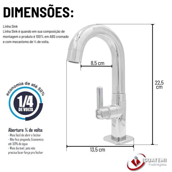 Imagem de Torneira De Lavatório Lavabo Cuba Mesa Banheiro Em ABS Cromado Design Moderna De 1/4 De Volta Durável Alta Qualidade Prática Elegante Iguatemi