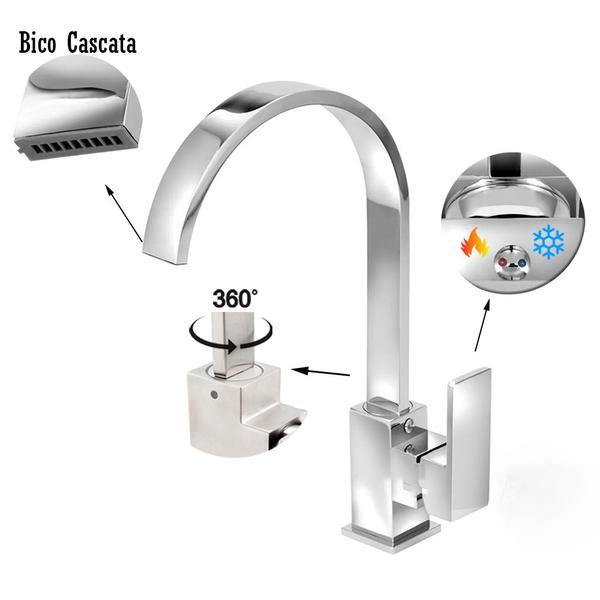 Imagem de Torneira de Luxo Para Banheiro Pia Bancada Lavatório Bico Cascata Giratória Estilo Cromado Prata Misturador Monocomando