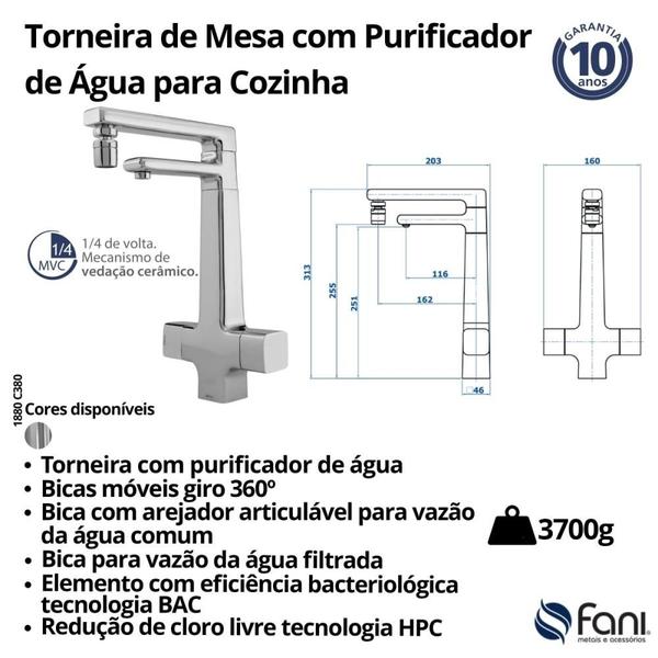 Imagem de Torneira de Mesa Cromada com Purificador de Água para Cozinha Bica Móvel 360 Arejador Articulável 1880 C380 DN 15 1/2" 