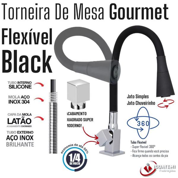 Imagem de Torneira De Mesa Gourmet Flexível Black Preta Acabamento Quadrado Inox Cromado Jato Chuveirinho Continuo De 1/4 De Volta Design Moderno Iguatemi