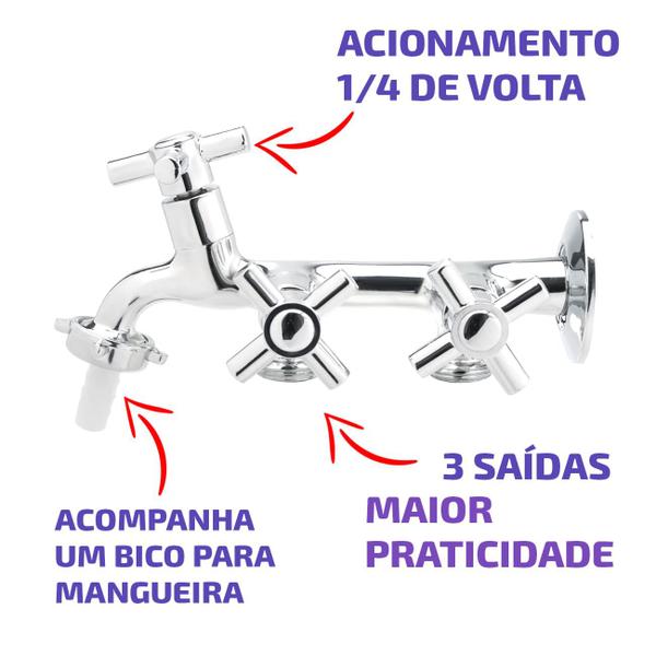 Imagem de Torneira de Metal Com 3 Saídas Tanque e Maquina de Lavar C33