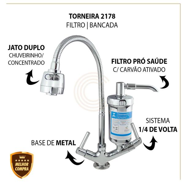 Imagem de Torneira de Metal Luxo Bica Móvel Gourmet Bancada Filtro Metal C-66