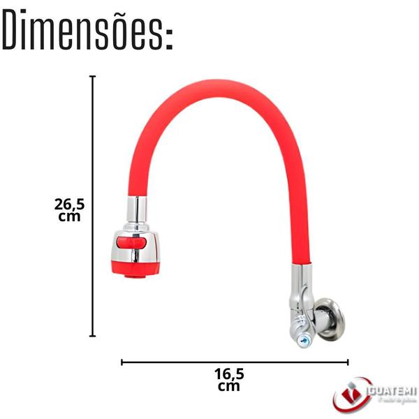 Imagem de Torneira De Parede Gourmet Flexível Vermelha Acabamento Inoxidável Cromado Jato Chuveirinho Continuo De 1/4 De Volta Design Moderno Iguatemi