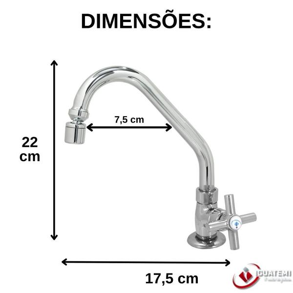 Imagem de Torneira De Parede Para Cuba Pia Cozinha Banheiro Bica Alta Em 100% Metal Acabamento Cromado 1/4 De Volta Volante Alta Qualidade Resistente Iguatemi