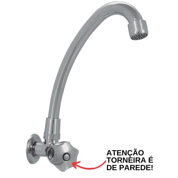 Imagem de Torneira De Parede Para Cuba Pia Cozinha Banheiro Bica Alta Em 100% Metal Acabamento Cromado 1/4 De Volta Volante Alta Qualidade Resistente Iguatemi